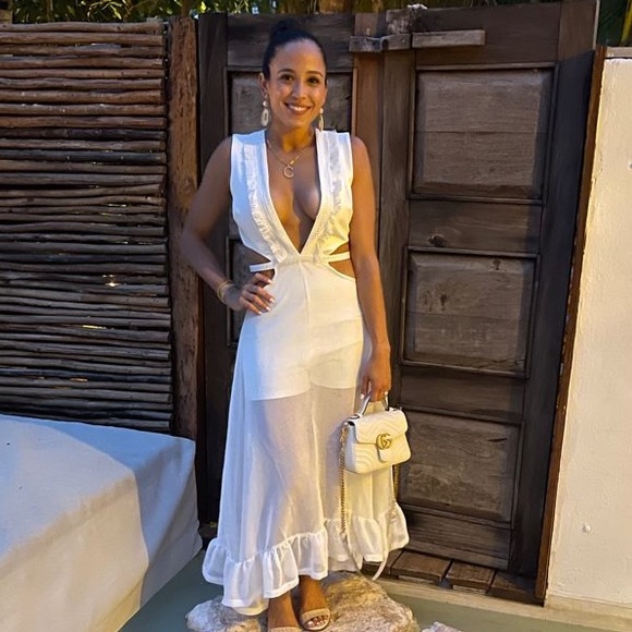 White Fringe Mesh Plunge Maxi Romper - Picture 2 of 6